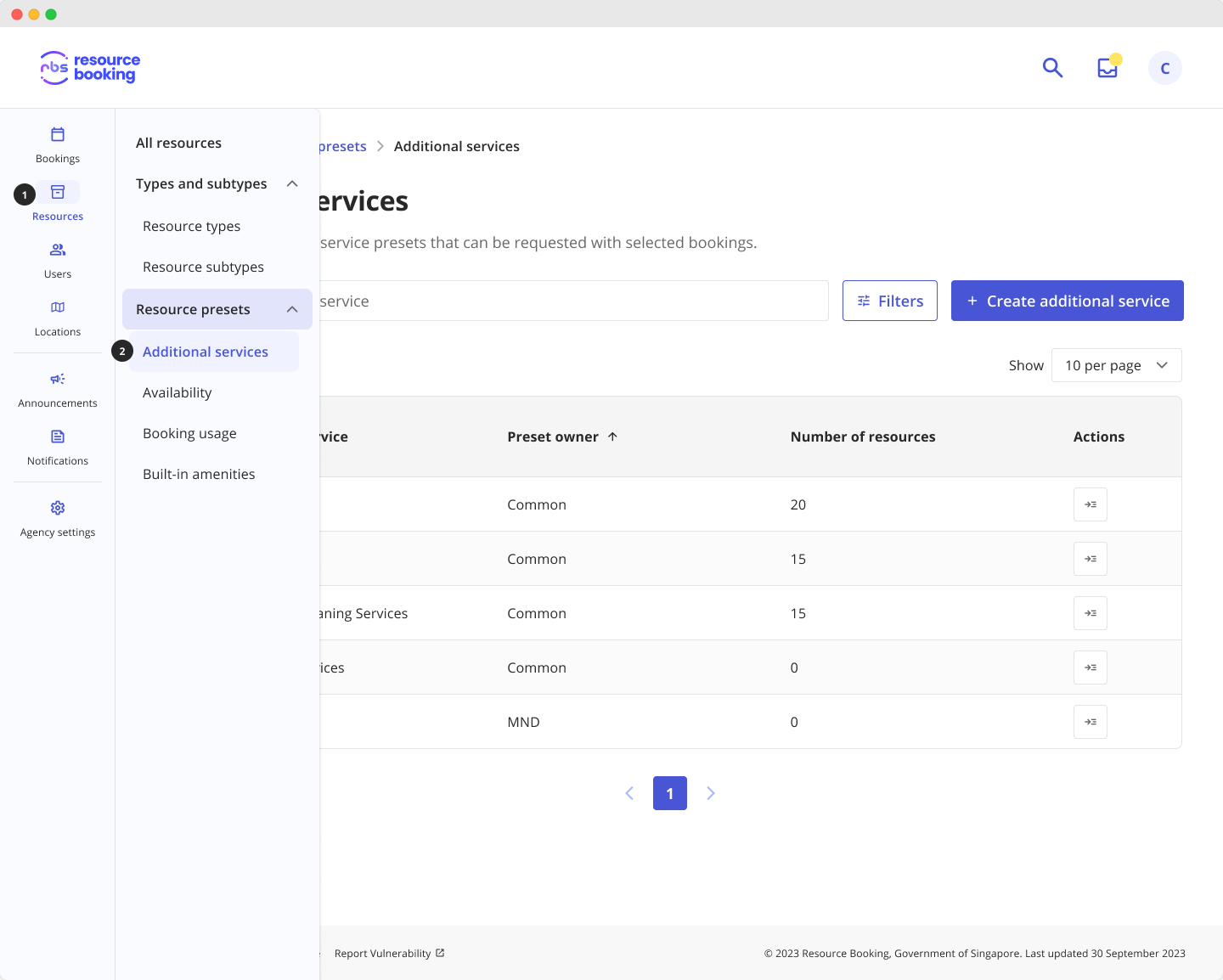 Screenshot of the RBS admin portal, showing the steps to select Resources, then Additional services under the Resource presets section. 