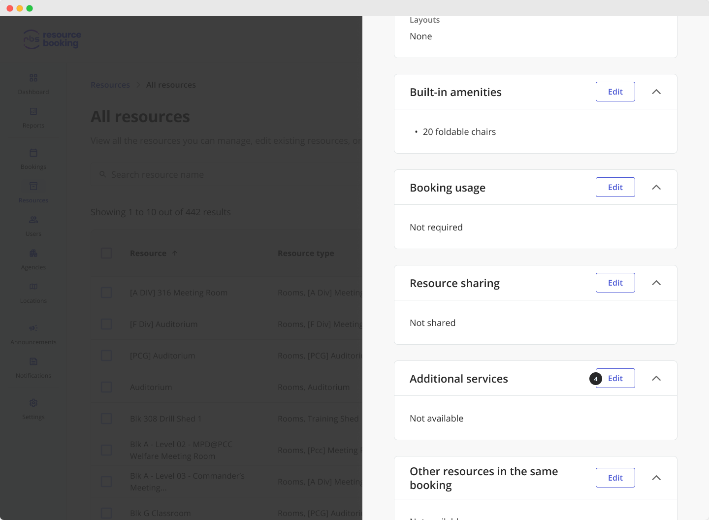 Screenshot of the RBS admin portal, showing the step to edit additional services for a selected resource on the side panel.