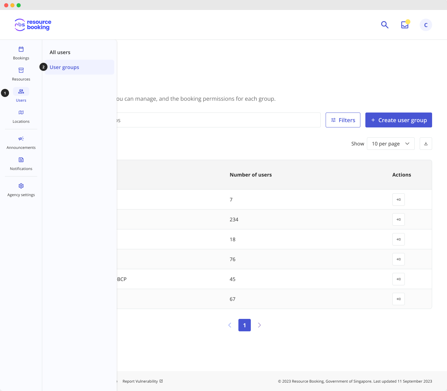 Screenshot of the RBS admin portal, showing the steps to select Users, then User groups on the side navigation bar.
