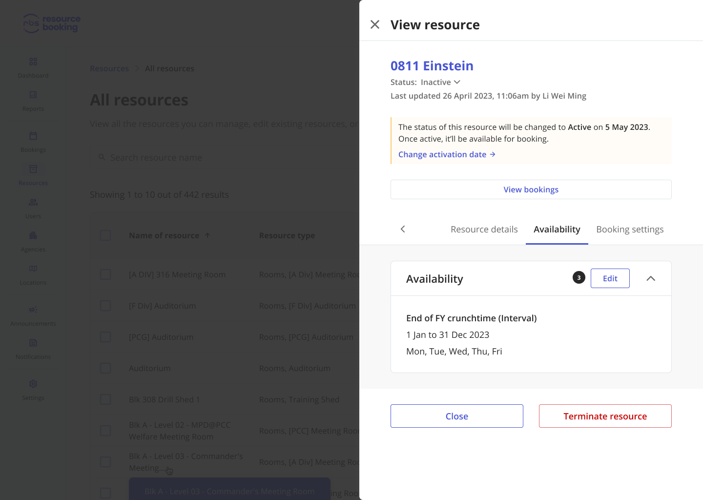 Screenshot of the RBS admin portal, showing the step to edit availability schedules for a selected resource on the side panel.