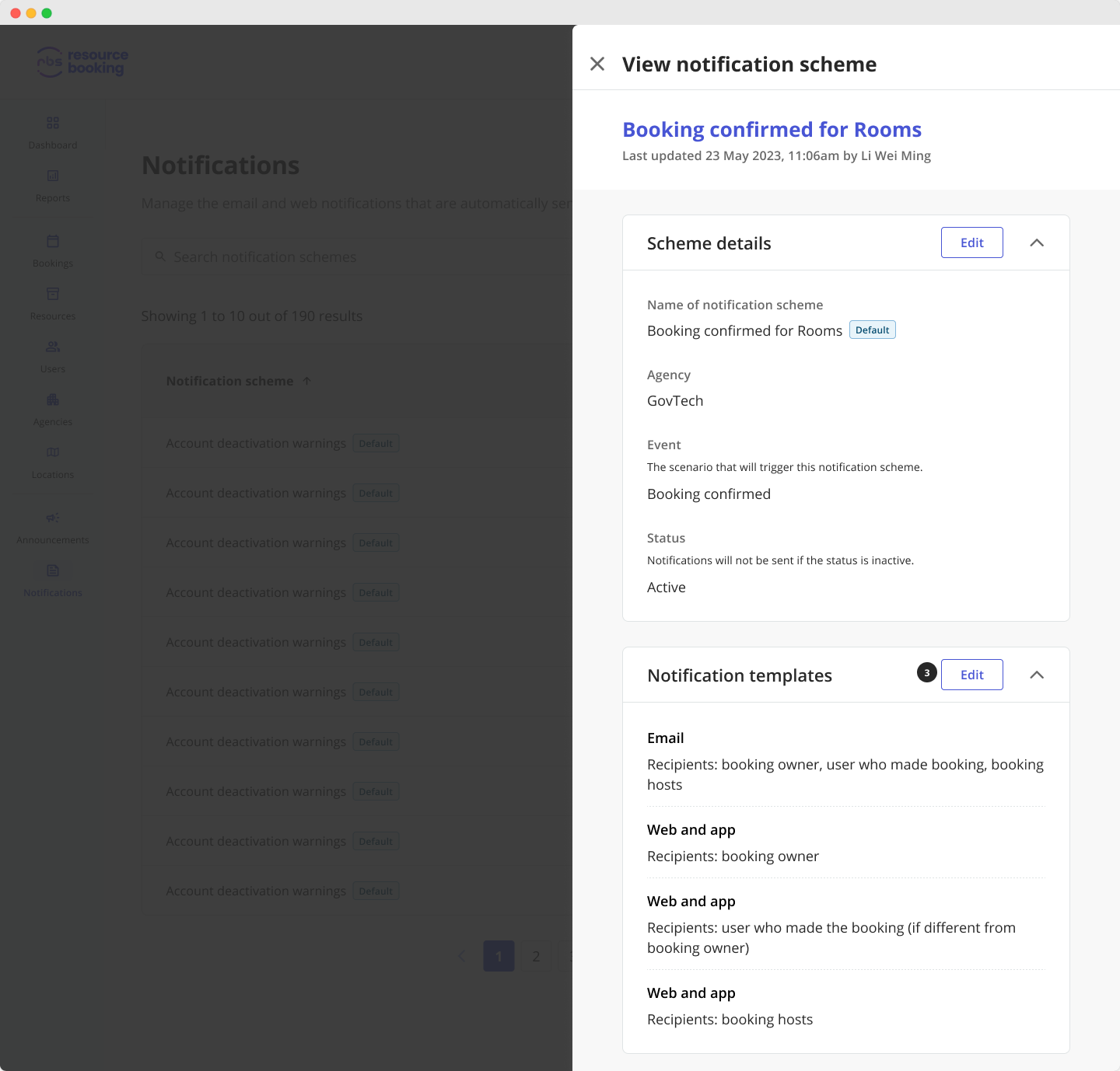 Screenshot of a notifications scheme shown on the side panel, showing the step to edit notification templates.