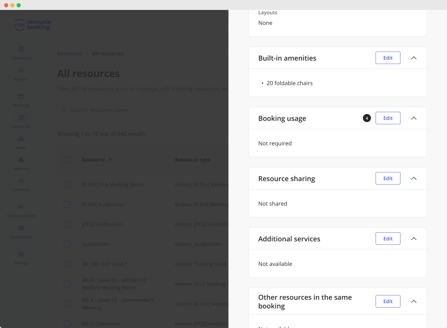 Screenshot of the RBS admin help portal, showing the step to edit booking usage for a selected resource on the side panel.