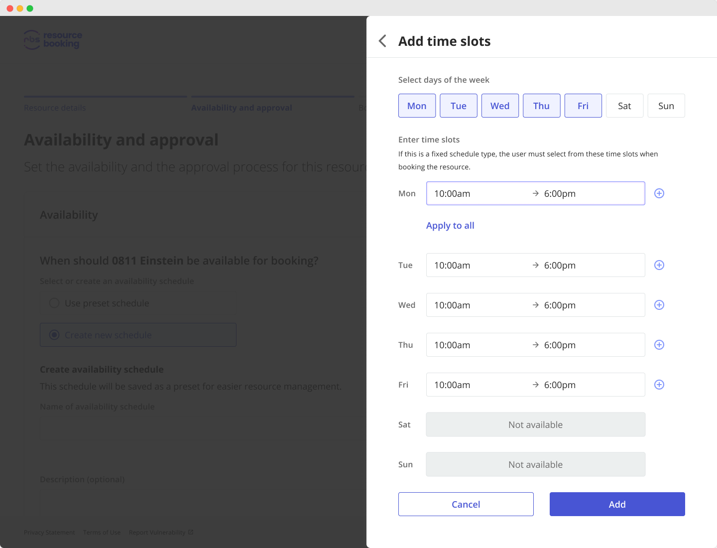 Screenshot of the step to add time slots when creating an availability schedule. Here, the time slots being added are Mondays to Fridays, 10am to 6pm.